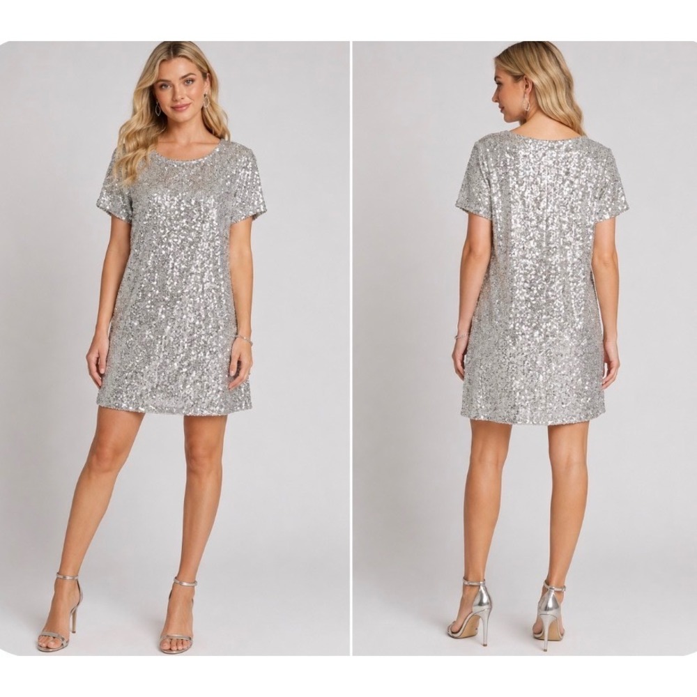 Betsey Johnson Silver Sequin Shift Dress Womens Large Short Sleeve Party